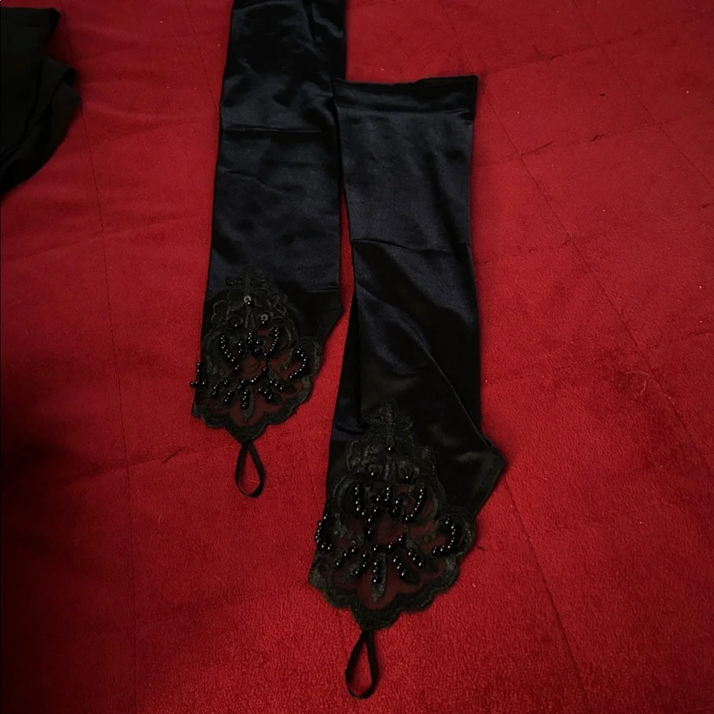 Elegant Black Satin Arm Warmers with Lace Detail